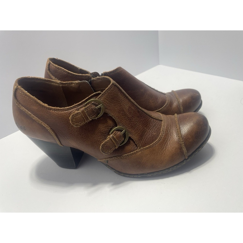 Born B.O.C Brown Leather Buckle Monk Strap Heels Shoes boots Women's 10